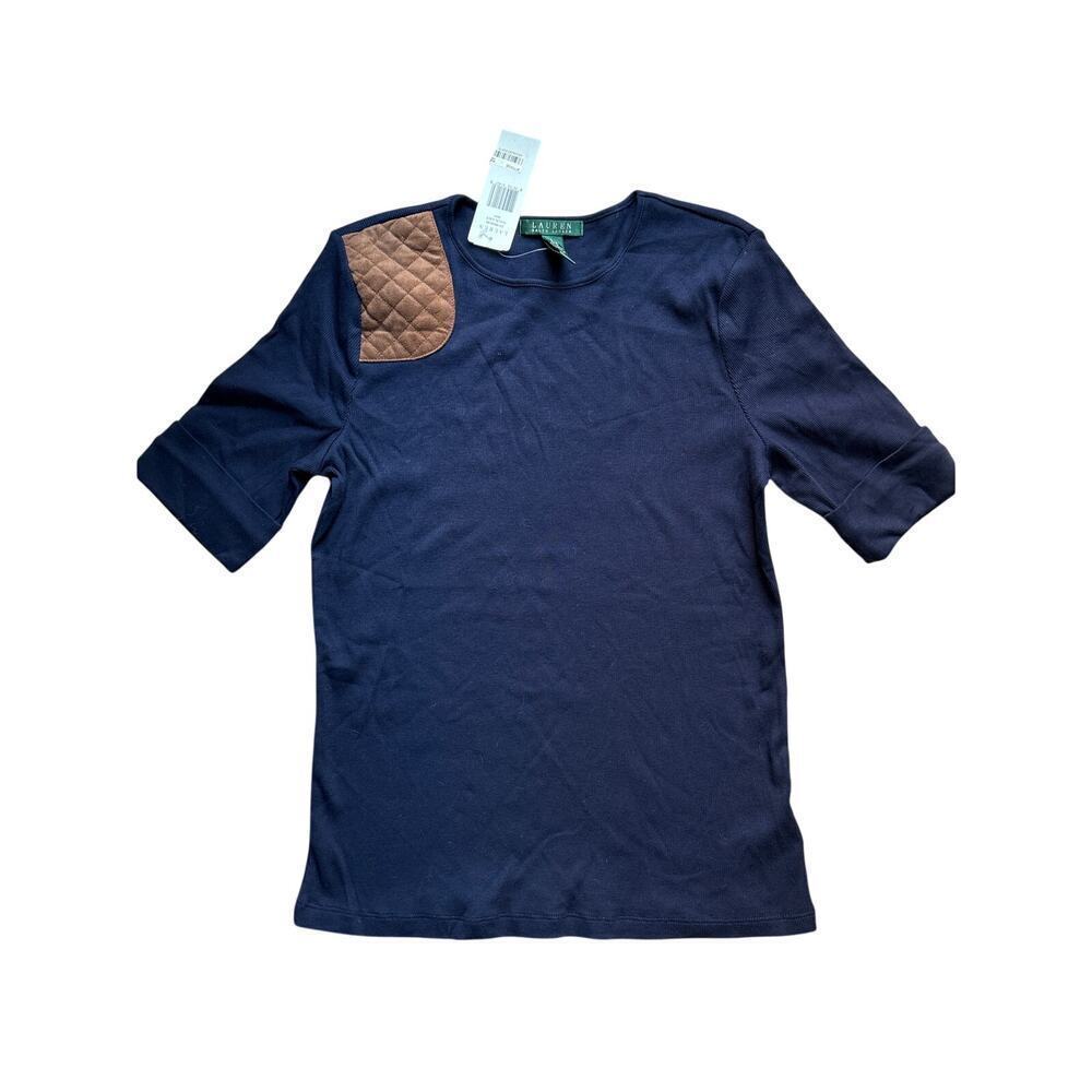 Lauren Ralph Lauren L Navy Cotton Tee Suede Patch NWT